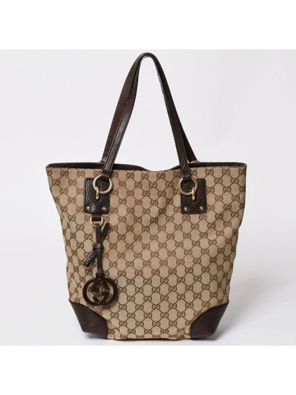 Gucci Beige Brown Gold GG Canvas Leather Tote Shoulder Bag